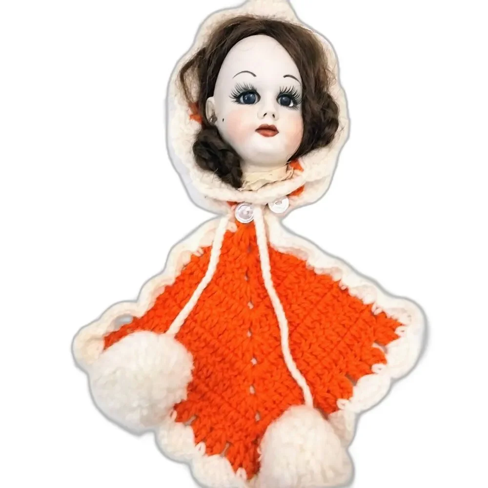 Vintage  Porcelain Doll Head Wall Hanging With Orange Crochet #A007